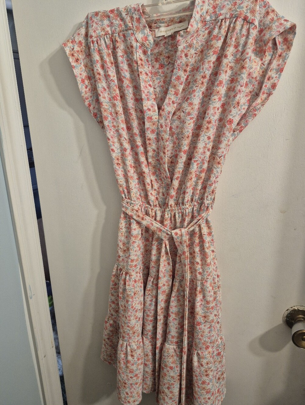 Floral Belted Midi Dress in Cream with Coral Pink Print